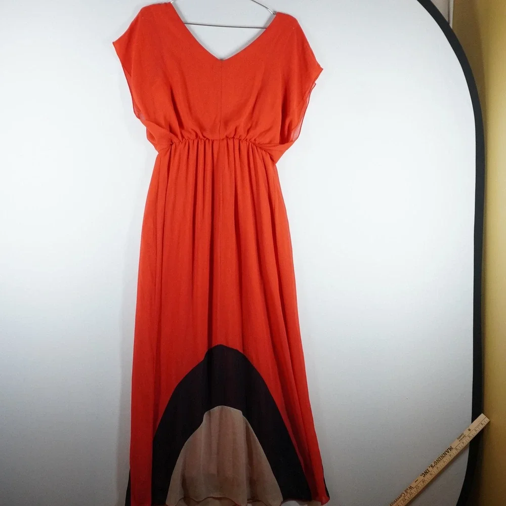 VTG Sweet Storm‎ Maxi Dress L Orange Colorblock V-Neck Flutter Sleeve Mod Flowy
